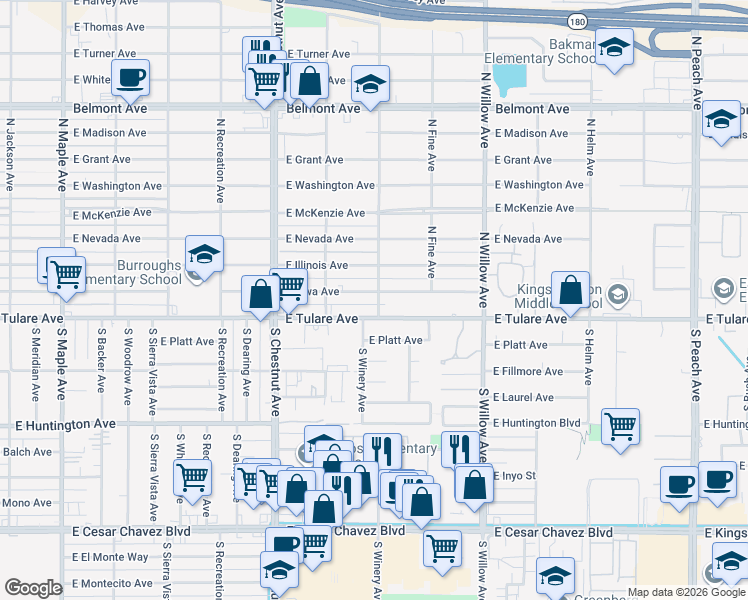 map of restaurants, bars, coffee shops, grocery stores, and more near 4910 East Iowa Avenue in Fresno