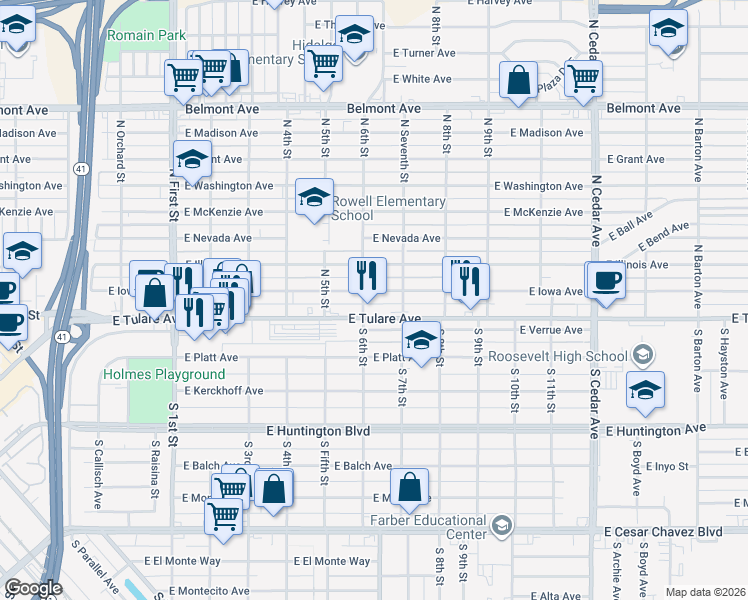 map of restaurants, bars, coffee shops, grocery stores, and more near 3552 East Iowa Avenue in Fresno