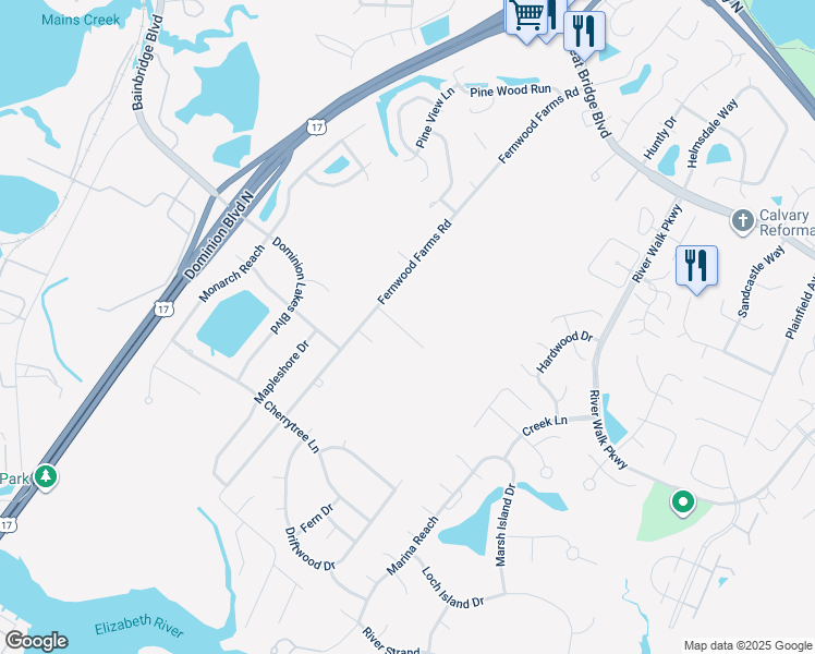map of restaurants, bars, coffee shops, grocery stores, and more near in Chesapeake