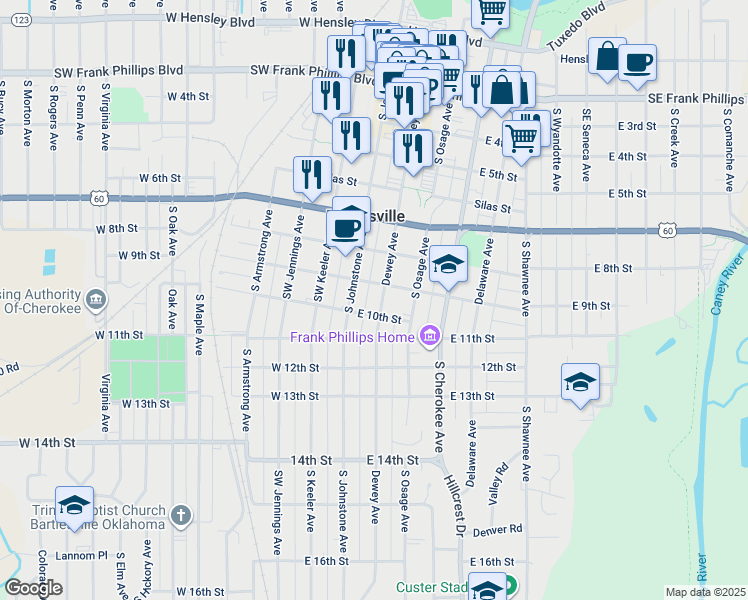 map of restaurants, bars, coffee shops, grocery stores, and more near 900 Southeast Dewey Avenue in Bartlesville