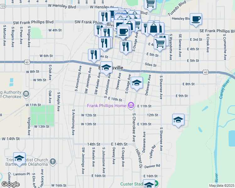 map of restaurants, bars, coffee shops, grocery stores, and more near 900 Southeast Dewey Avenue in Bartlesville