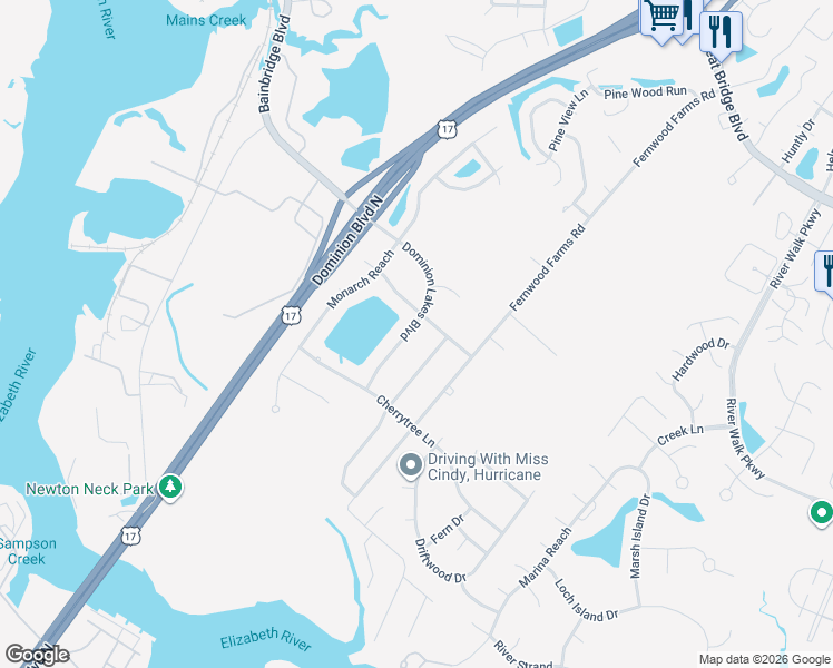 map of restaurants, bars, coffee shops, grocery stores, and more near 1317 Dominion Lakes Boulevard in Chesapeake
