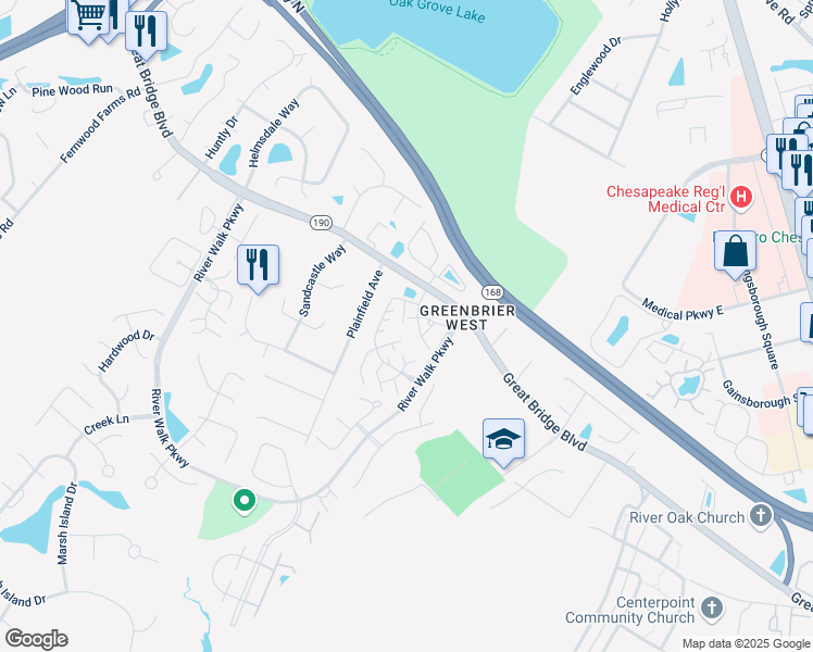 map of restaurants, bars, coffee shops, grocery stores, and more near 1704 Willow Point Arch in Chesapeake
