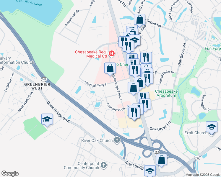 map of restaurants, bars, coffee shops, grocery stores, and more near 688 Kingsborough Square in Chesapeake