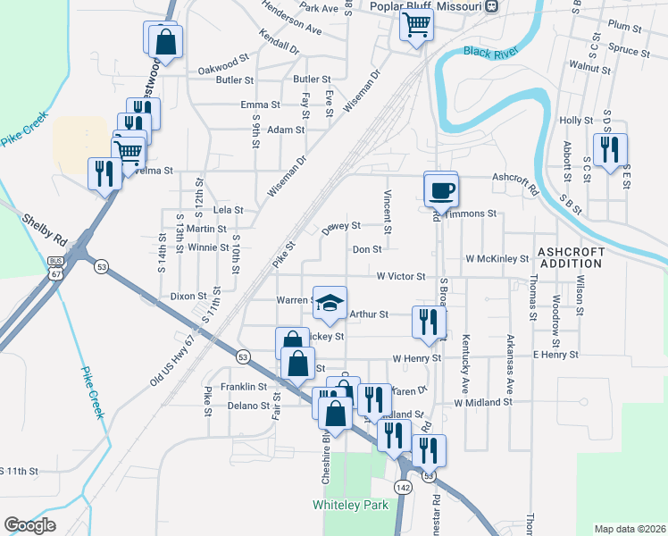 map of restaurants, bars, coffee shops, grocery stores, and more near 703 West Victor Street in Poplar Bluff