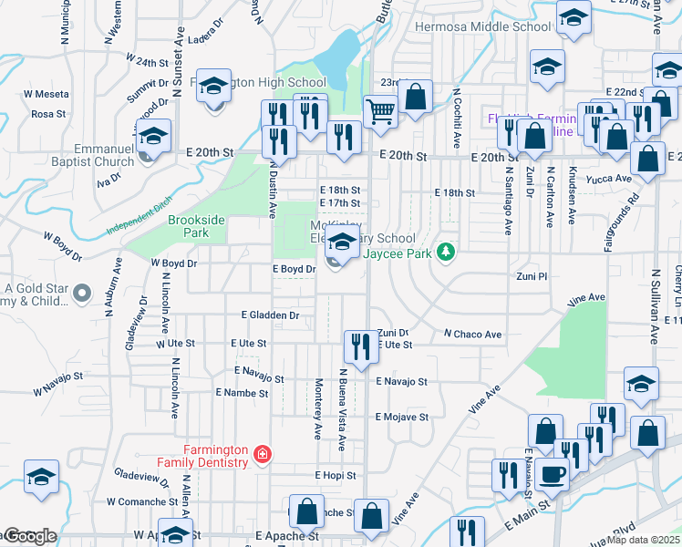 map of restaurants, bars, coffee shops, grocery stores, and more near 1201 North Butler Avenue in Farmington