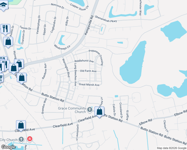 map of restaurants, bars, coffee shops, grocery stores, and more near 1008 Timber Neck Mall in Chesapeake
