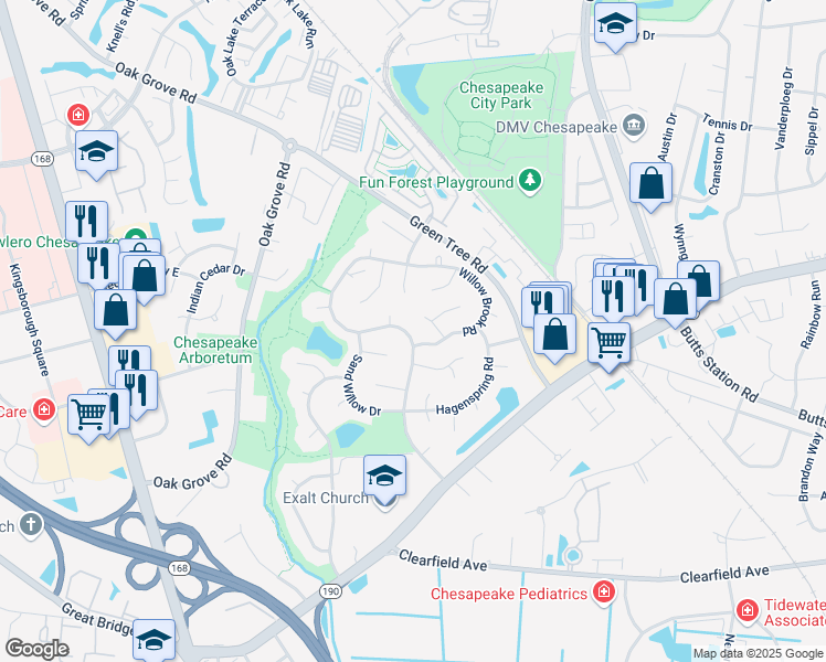 map of restaurants, bars, coffee shops, grocery stores, and more near 619 Hidden Falls Lane in Chesapeake