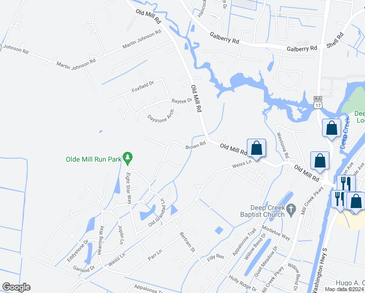 map of restaurants, bars, coffee shops, grocery stores, and more near 125 Brown Road in Chesapeake