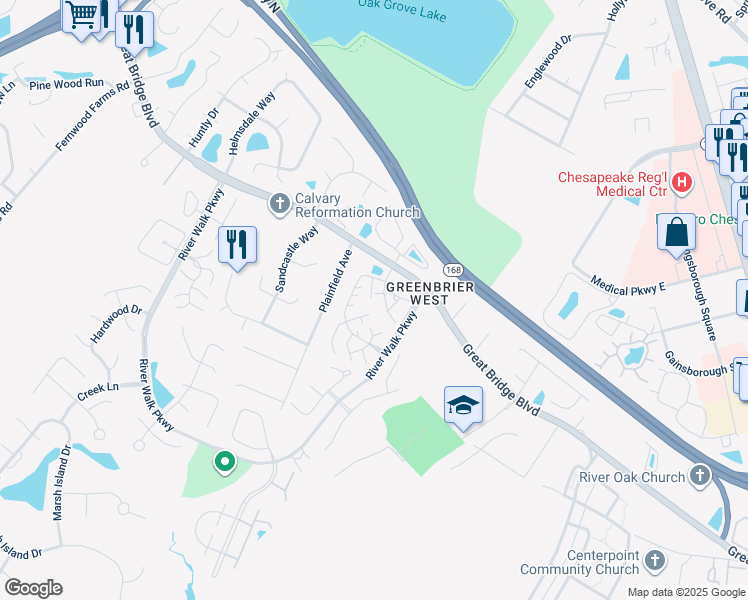map of restaurants, bars, coffee shops, grocery stores, and more near 1702 Willow Point Arch in Chesapeake