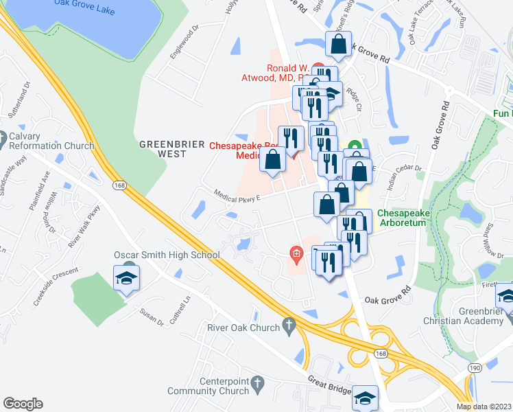 map of restaurants, bars, coffee shops, grocery stores, and more near 308 Gainsborough Square in Chesapeake