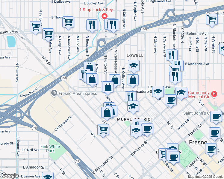 map of restaurants, bars, coffee shops, grocery stores, and more near 935 East Divisadero Street in Fresno