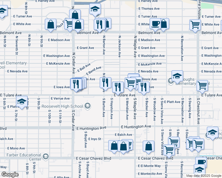 map of restaurants, bars, coffee shops, grocery stores, and more near 4506 East Iowa Avenue in Fresno