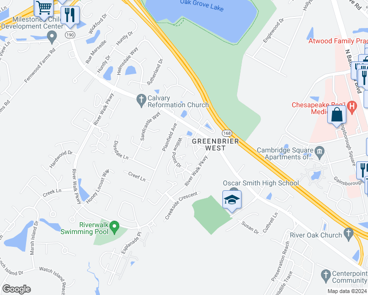map of restaurants, bars, coffee shops, grocery stores, and more near 1216 Loose Strife Place in Chesapeake