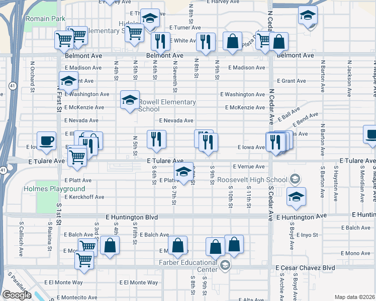 map of restaurants, bars, coffee shops, grocery stores, and more near 3748 E Iowa Ave in Fresno