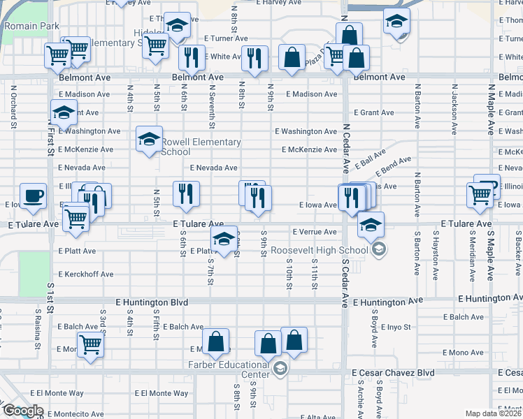 map of restaurants, bars, coffee shops, grocery stores, and more near 3840 East Iowa Avenue in Fresno