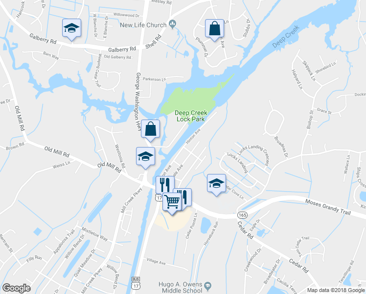 map of restaurants, bars, coffee shops, grocery stores, and more near 299 Hinton Avenue in Chesapeake