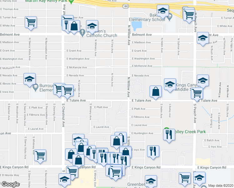 map of restaurants, bars, coffee shops, grocery stores, and more near 4964 East Iowa Avenue in Fresno