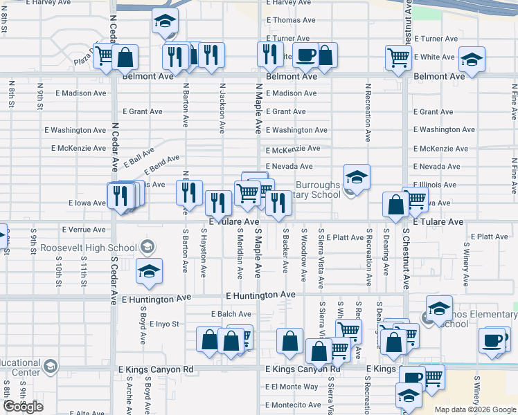 map of restaurants, bars, coffee shops, grocery stores, and more near 138 N Maple Ave in Fresno
