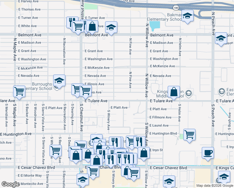 map of restaurants, bars, coffee shops, grocery stores, and more near 4910 East Iowa Avenue in Fresno