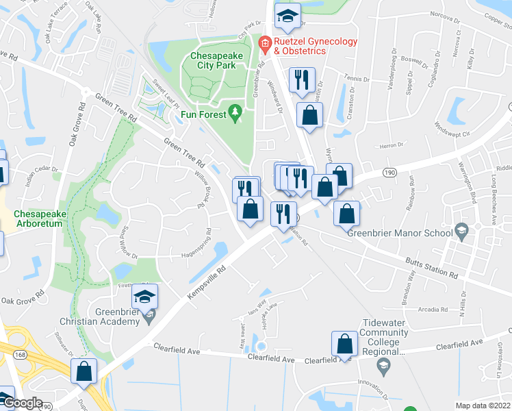 map of restaurants, bars, coffee shops, grocery stores, and more near 475 Kempsville Road in Chesapeake