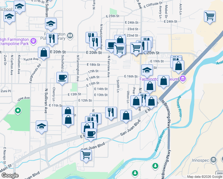 map of restaurants, bars, coffee shops, grocery stores, and more near 2332 East 14th Street in Farmington