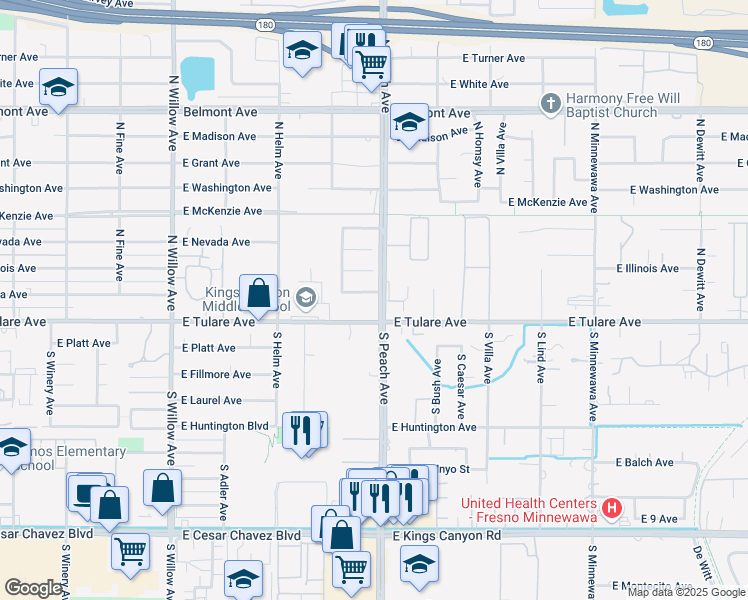 map of restaurants, bars, coffee shops, grocery stores, and more near in Fresno