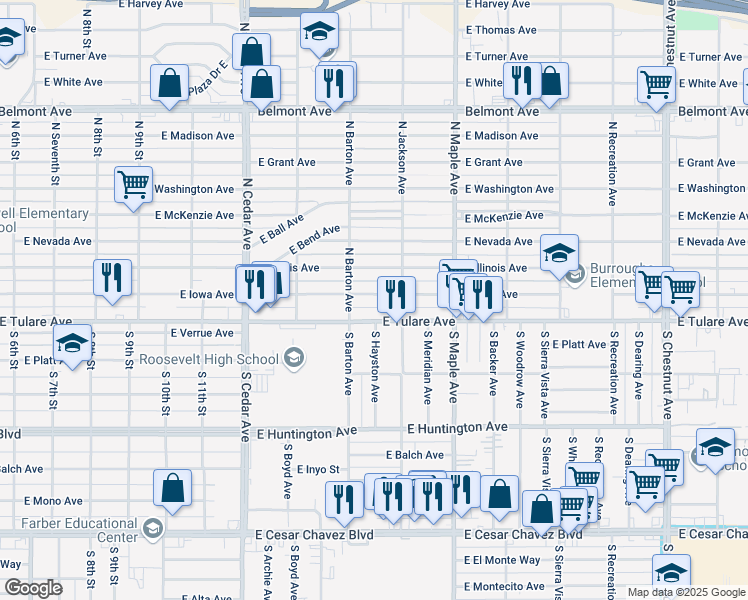 map of restaurants, bars, coffee shops, grocery stores, and more near 4506 East Iowa Avenue in Fresno