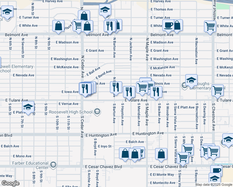 map of restaurants, bars, coffee shops, grocery stores, and more near 4506 East Iowa Avenue in Fresno
