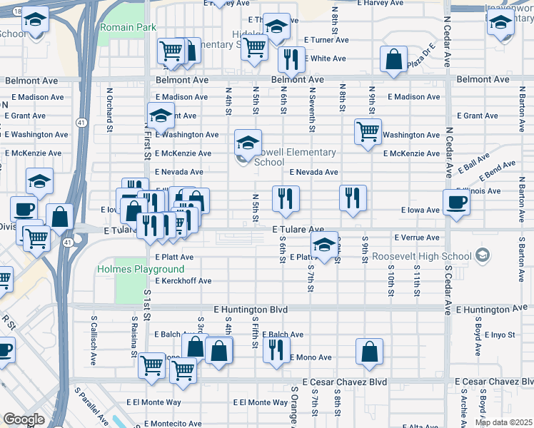 map of restaurants, bars, coffee shops, grocery stores, and more near 3504b East Iowa Avenue in Fresno