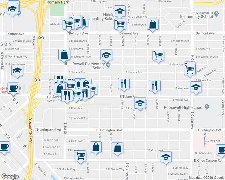 map of restaurants, bars, coffee shops, grocery stores, and more near 3504b East Iowa Avenue in Fresno