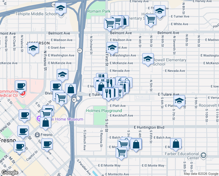 map of restaurants, bars, coffee shops, grocery stores, and more near 3118 East Iowa Avenue in Fresno