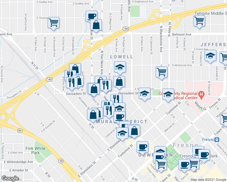 map of restaurants, bars, coffee shops, grocery stores, and more near 1105 East Divisadero Street in Fresno