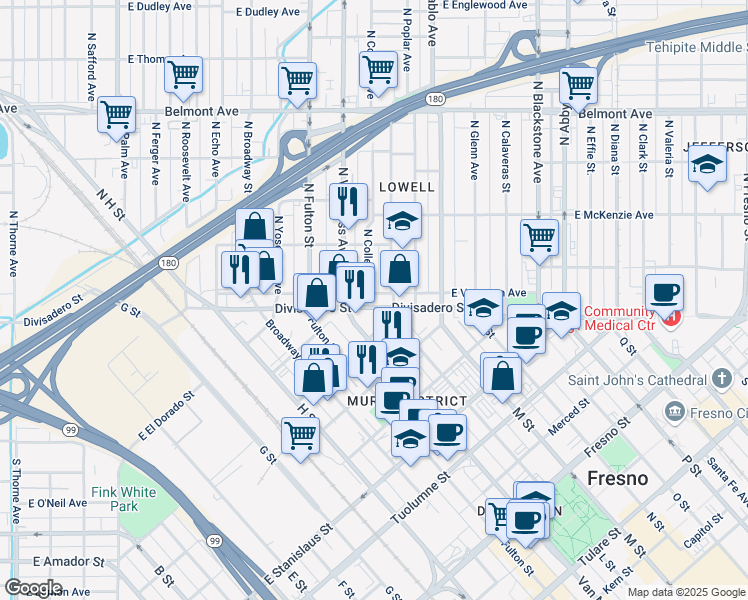 map of restaurants, bars, coffee shops, grocery stores, and more near 1105 East Divisadero Street in Fresno