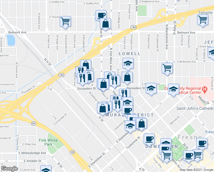 map of restaurants, bars, coffee shops, grocery stores, and more near 25 North Van Ness Avenue in Fresno