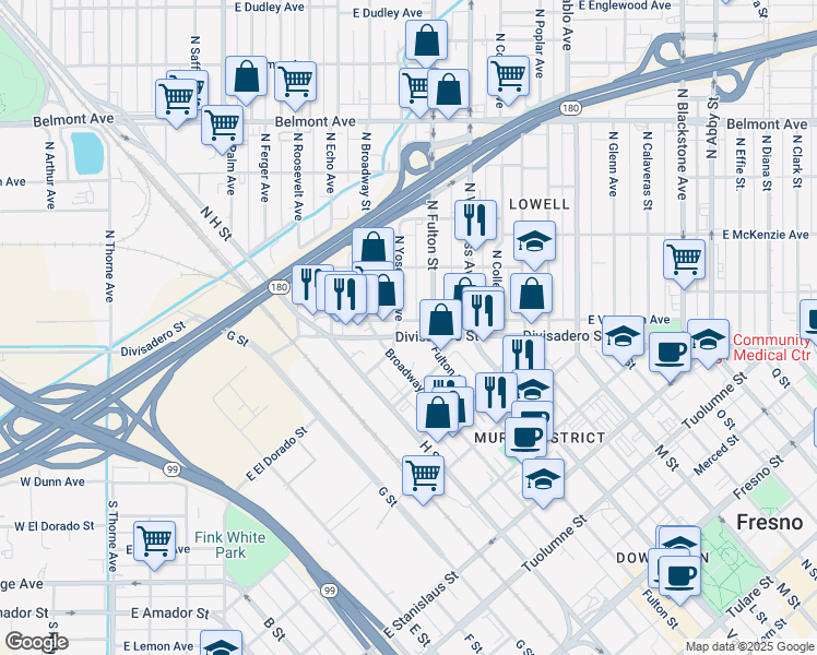 map of restaurants, bars, coffee shops, grocery stores, and more near 799 East Voorman Avenue in Fresno