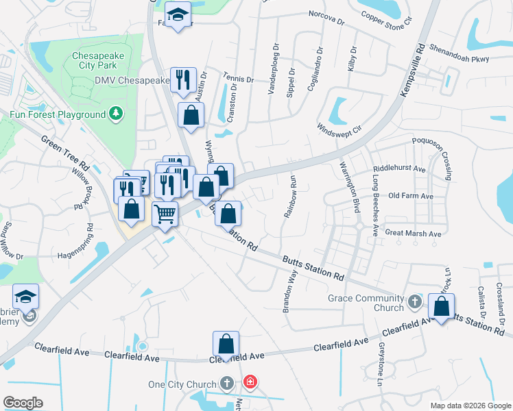 map of restaurants, bars, coffee shops, grocery stores, and more near 521 Track Crossing in Chesapeake