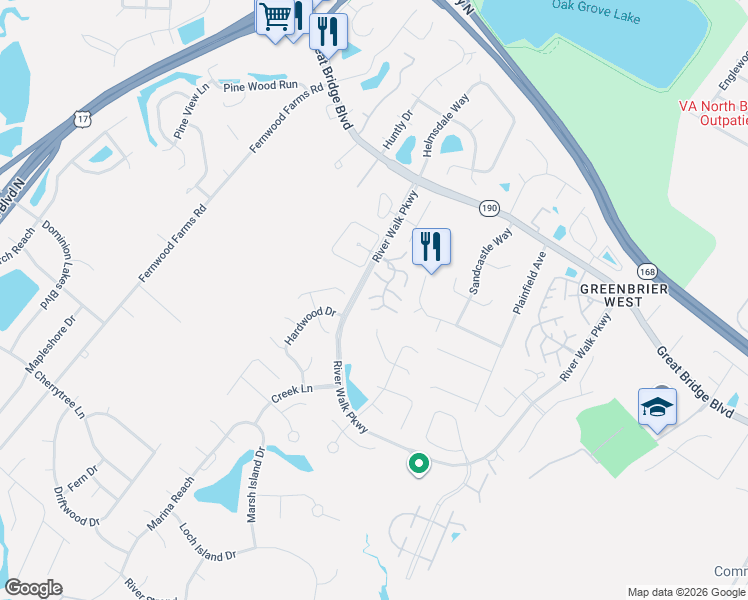 map of restaurants, bars, coffee shops, grocery stores, and more near 704 Meherrin River Court in Chesapeake