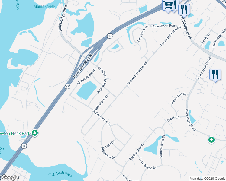 map of restaurants, bars, coffee shops, grocery stores, and more near 1213 Spruce Lane in Chesapeake