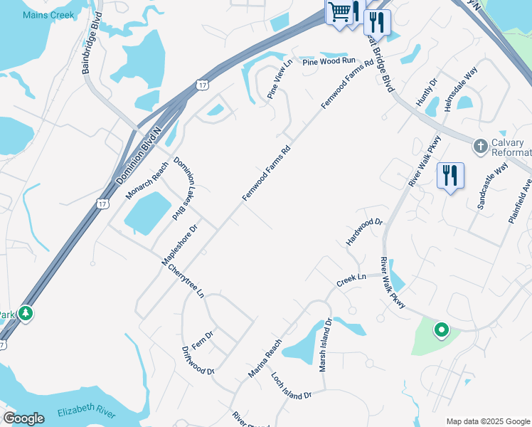 map of restaurants, bars, coffee shops, grocery stores, and more near 812 Fernbridge Place in Chesapeake