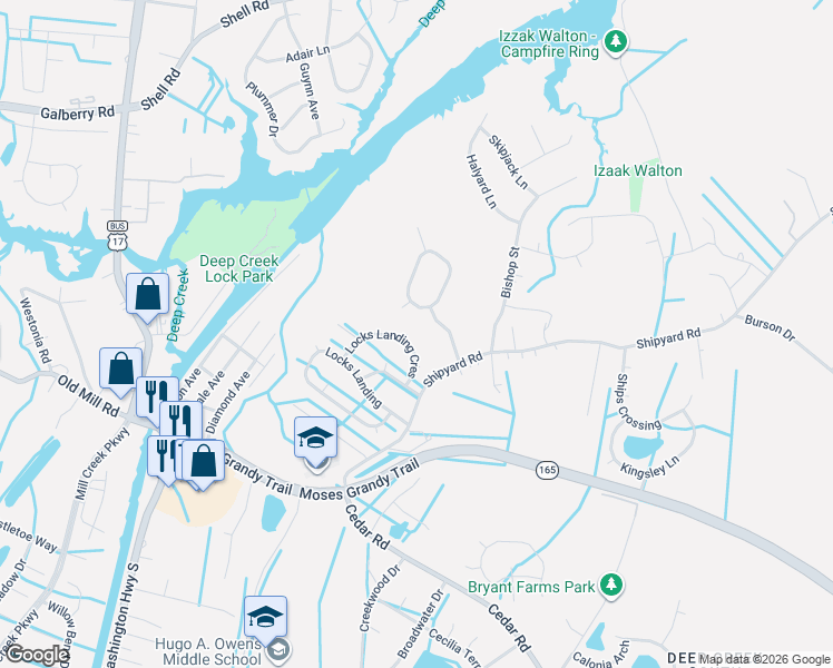 map of restaurants, bars, coffee shops, grocery stores, and more near 2305 Bells Landing in Chesapeake