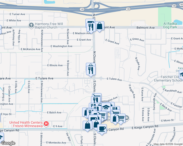 map of restaurants, bars, coffee shops, grocery stores, and more near 5575 East Tulare Avenue in Fresno