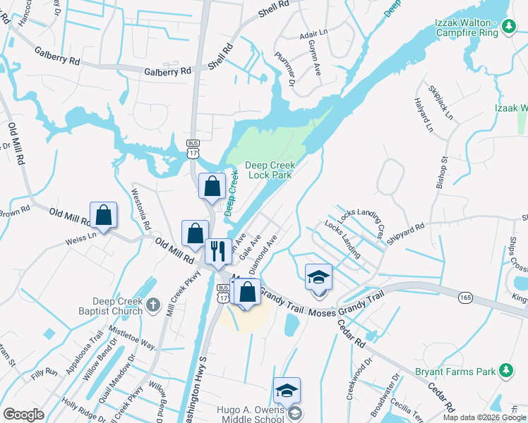 map of restaurants, bars, coffee shops, grocery stores, and more near 300 Hinton Avenue in Chesapeake