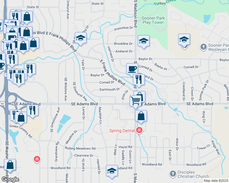 map of restaurants, bars, coffee shops, grocery stores, and more near 4757 Dartmouth Drive in Bartlesville