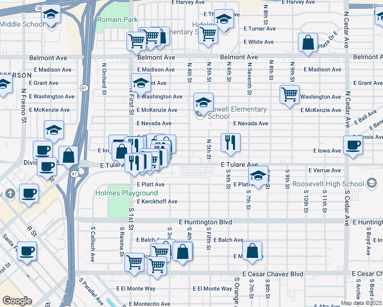 map of restaurants, bars, coffee shops, grocery stores, and more near 3404 East Iowa Avenue in Fresno