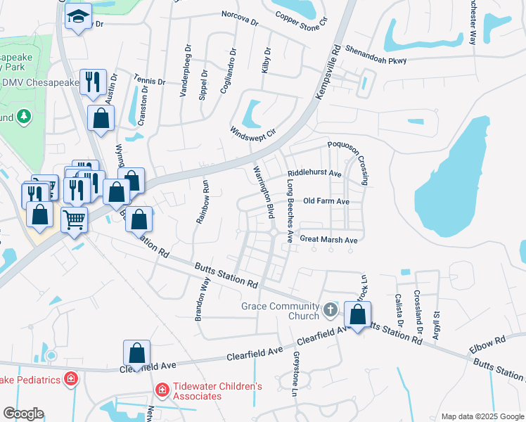 map of restaurants, bars, coffee shops, grocery stores, and more near 703 Old Fields Arch in Chesapeake