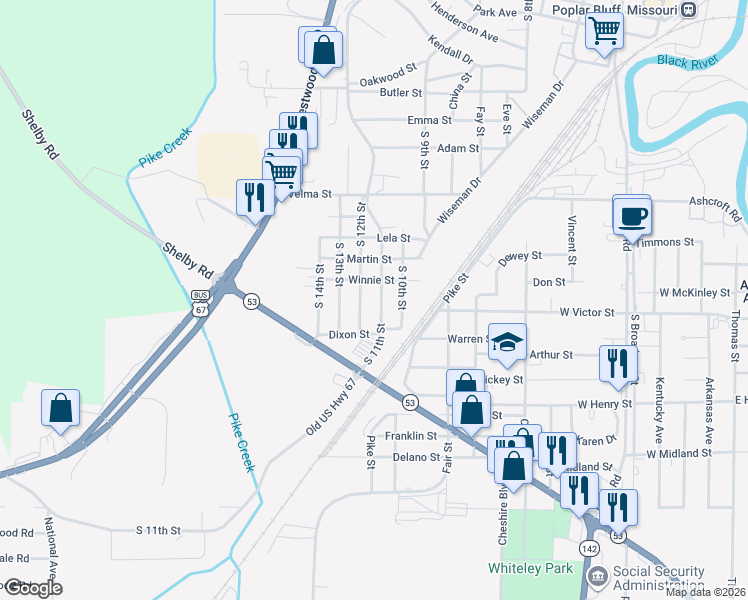 map of restaurants, bars, coffee shops, grocery stores, and more near 1421 South 11th Street in Poplar Bluff