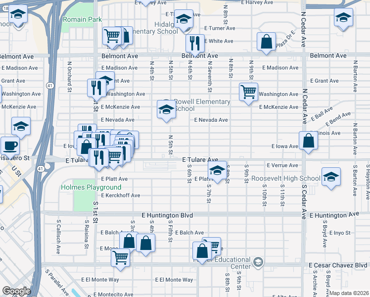 map of restaurants, bars, coffee shops, grocery stores, and more near 3552 East Iowa Avenue in Fresno