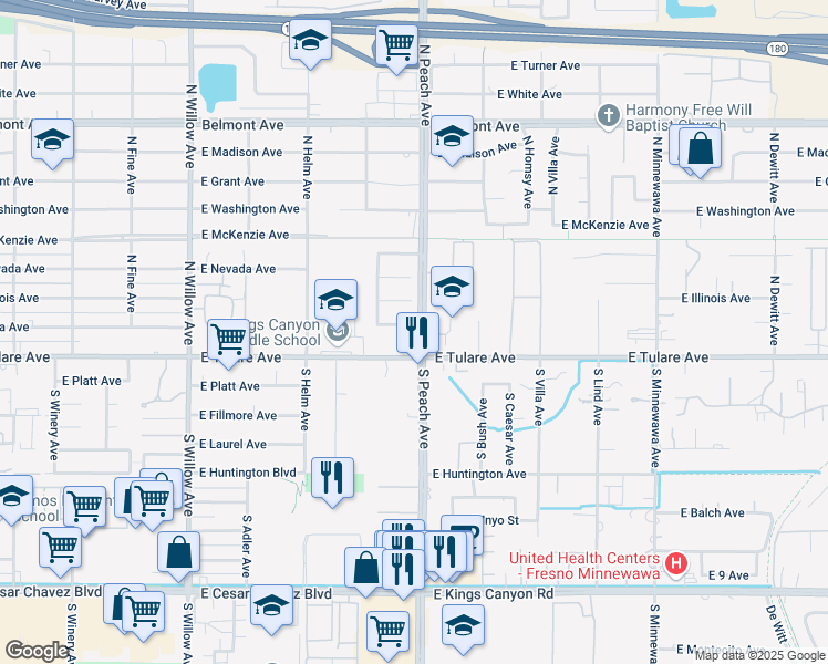 map of restaurants, bars, coffee shops, grocery stores, and more near in Fresno