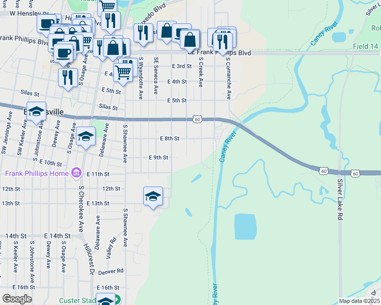 map of restaurants, bars, coffee shops, grocery stores, and more near 817 South Creek Avenue in Bartlesville